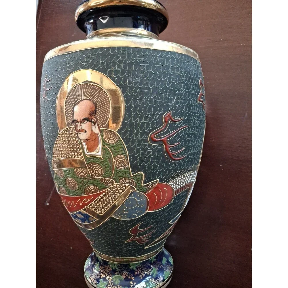 Japanese Satsuma Style Hand-Painted Vase with Figures and Gold Accents